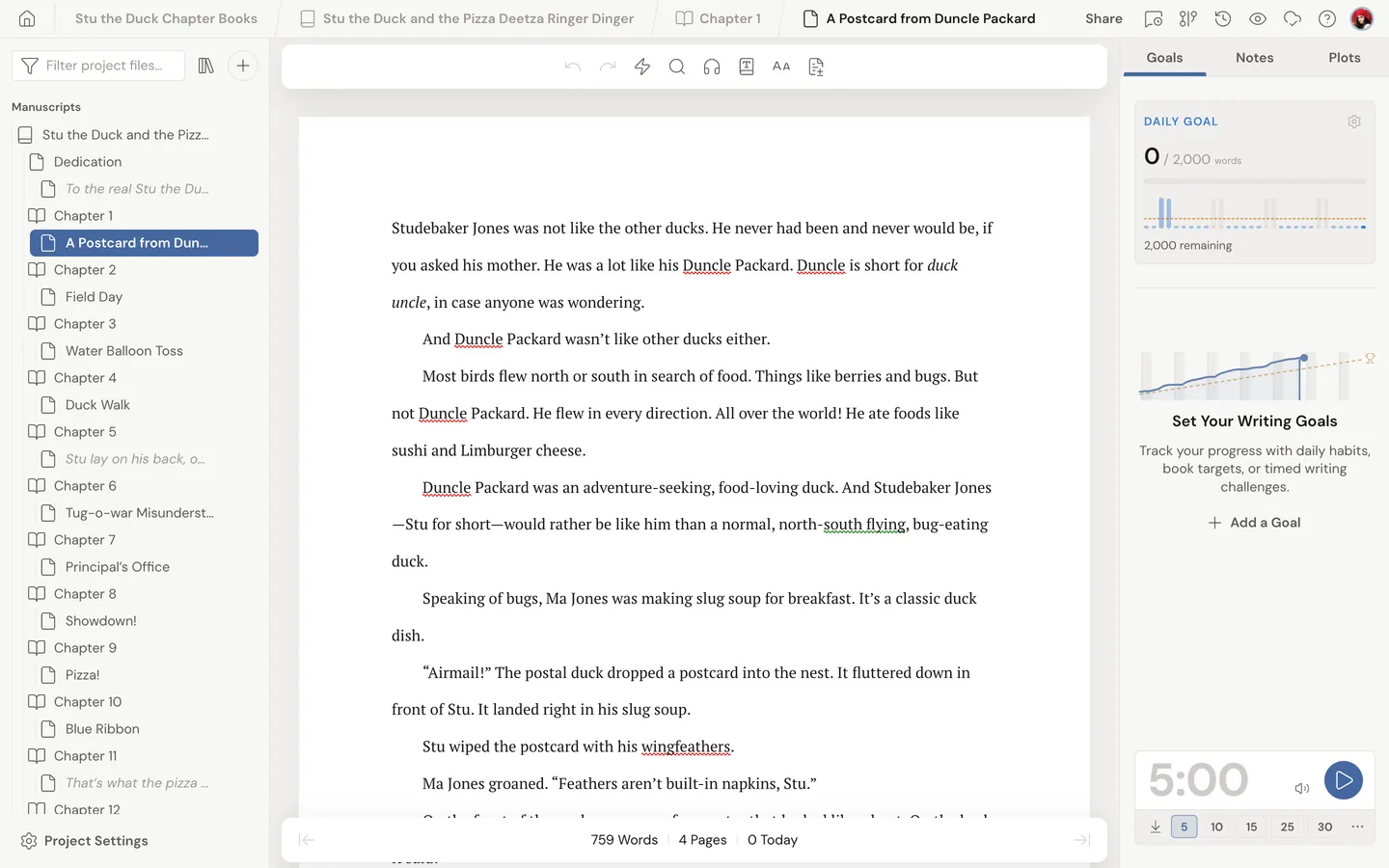 Dabble's interface: the list of chapters and scenes on the left, a chapter's text in the center, the daily goal and a timer on the right.