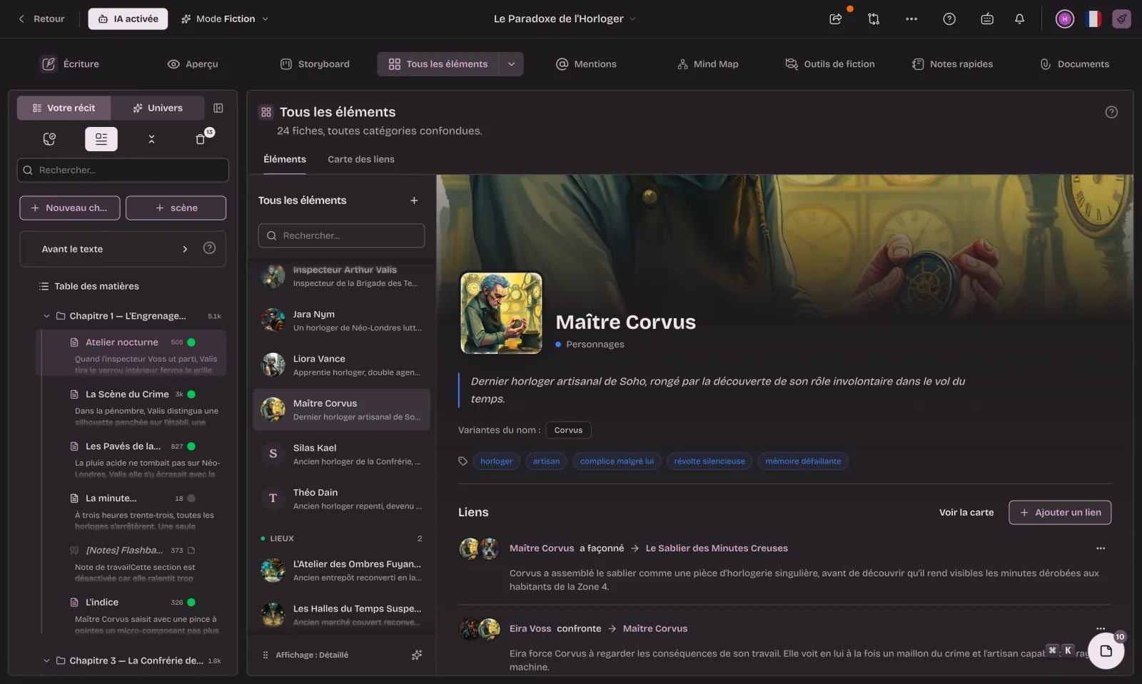 Character sheet in Extypis: portrait, description, name variants and links to other sheets, next to the list of story elements.