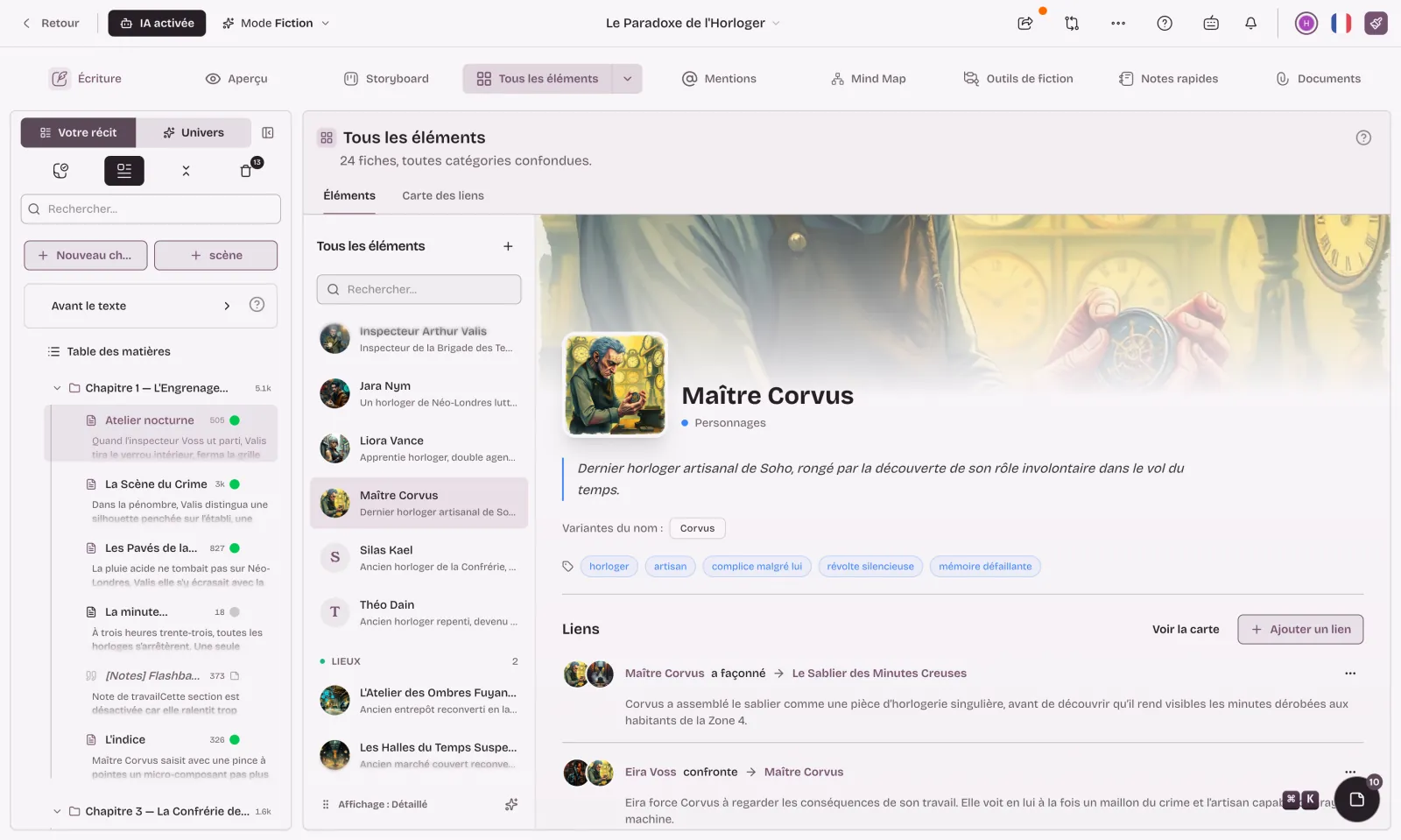 Character sheet in Extypis: portrait, description, name variants and links to other sheets, next to the list of story elements.