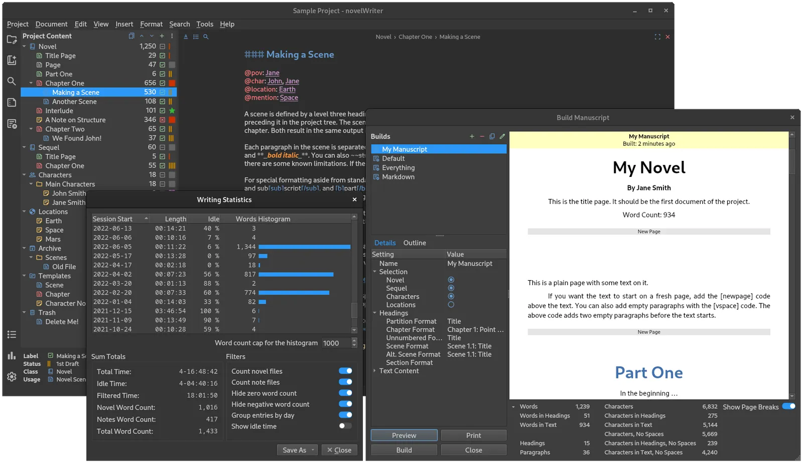 novelWriter in dark theme: the novel's tree on the left, a scene with its point-of-view and character tags, the writing statistics window and a preview of the compiled manuscript.
