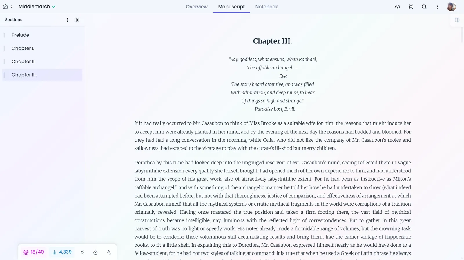 Novlr editor on the Manuscript tab: the list of sections on the left, chapter III of "Middlemarch" in the center, the goal and word count at the bottom.