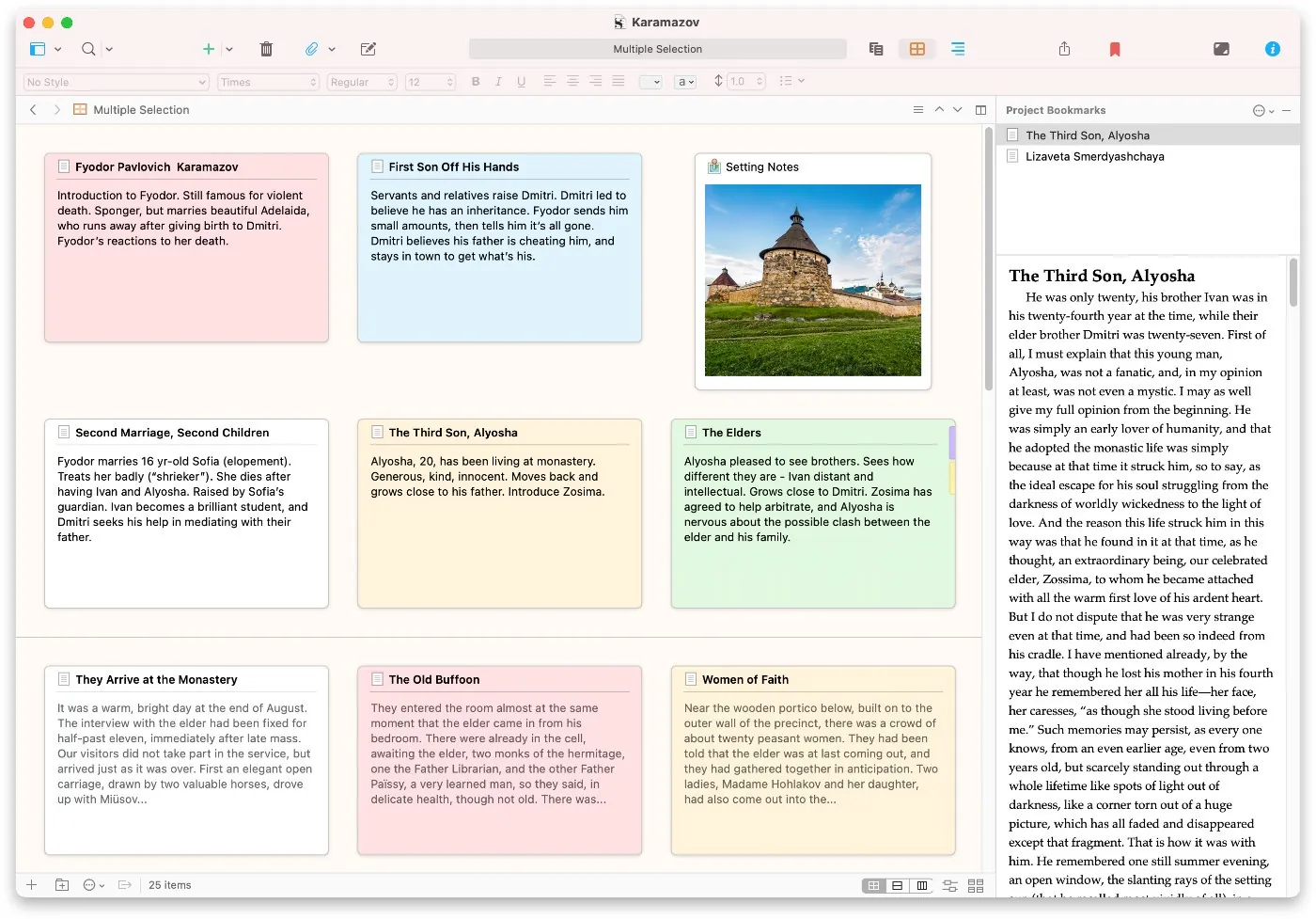 Scrivener window: a corkboard with a colored card for each section, and the text of the chapter "The Third Son, Alyosha" on the right.