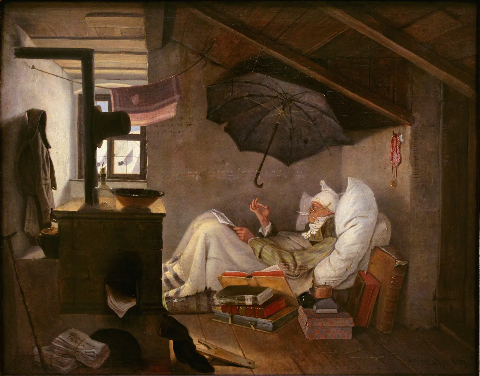 Painting: an old writer lying in a cold attic writes under an open umbrella, surrounded by books piled on the floor.