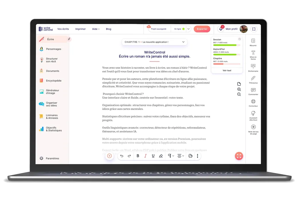 WriteControl's interface in French: the Write, Characters and Structure your story menus on the left, chapter 1 in the center, goal counters at the top right.