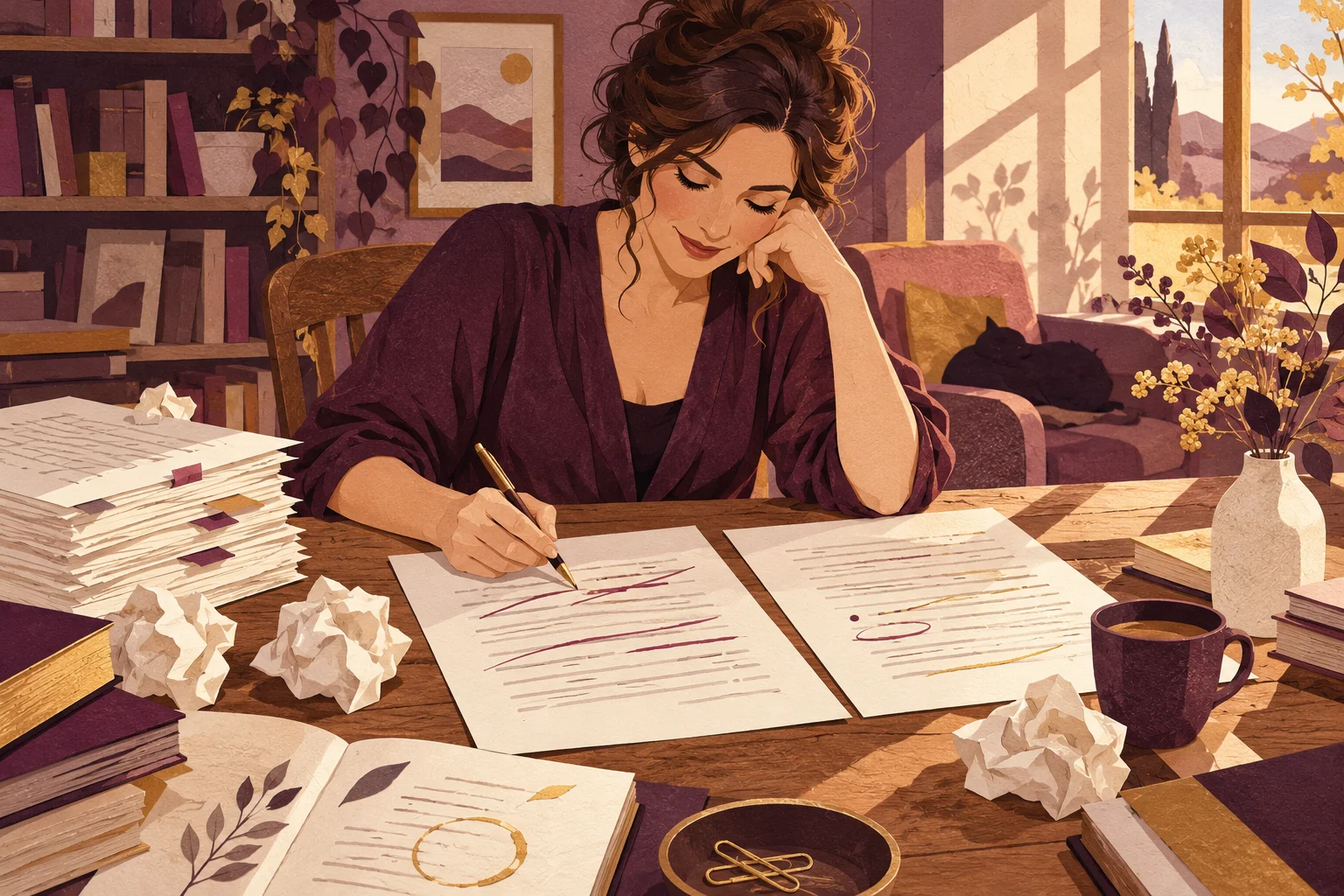 Une autrice compare deux versions d’un manuscrit et corrige une page à son bureau, parmi ses brouillons.