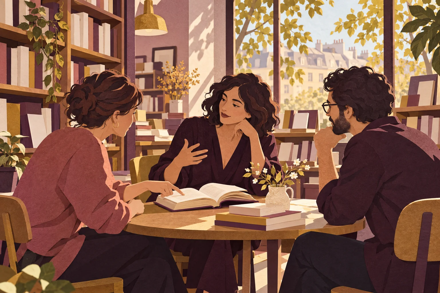 Dans une petite librairie, une autrice et deux lecteurs discutent autour d’un livre ouvert, dans une scène mauve et dorée.