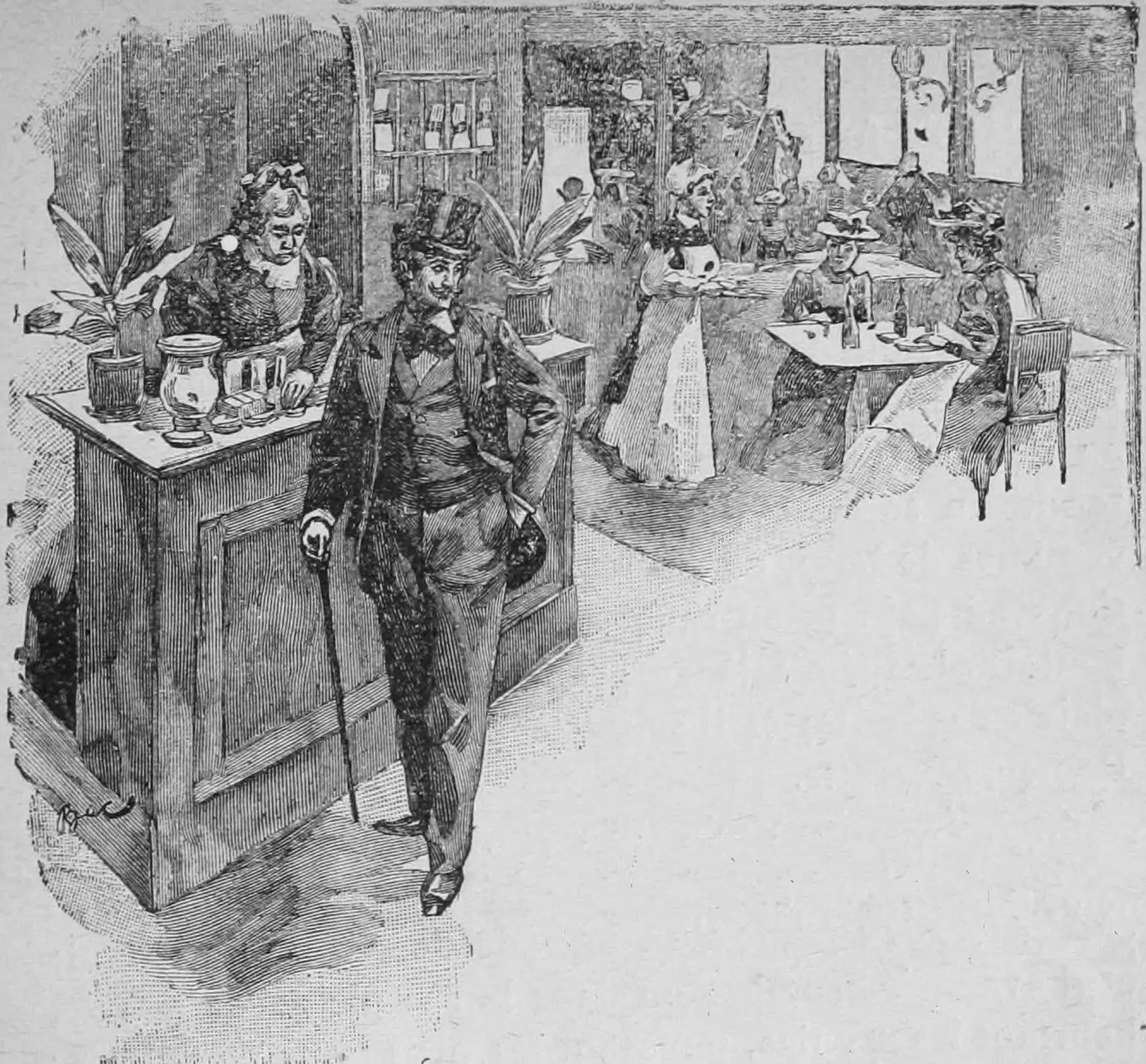 Engraving: Georges Duroy, in a top hat with a cane in hand, leaves a Parisian restaurant under the cashier's gaze.