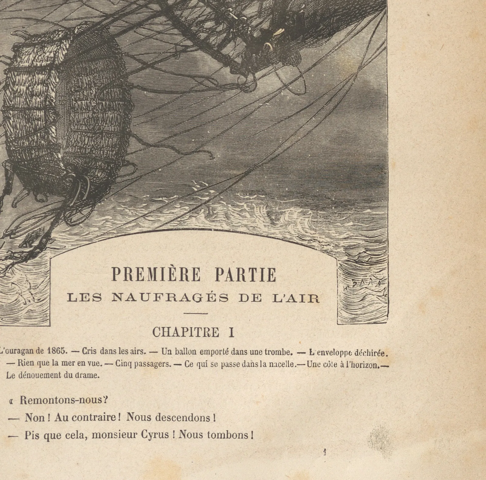 Engraving of a balloon basket tossed by the storm, above the chapter I heading and the novel's first lines of dialogue.