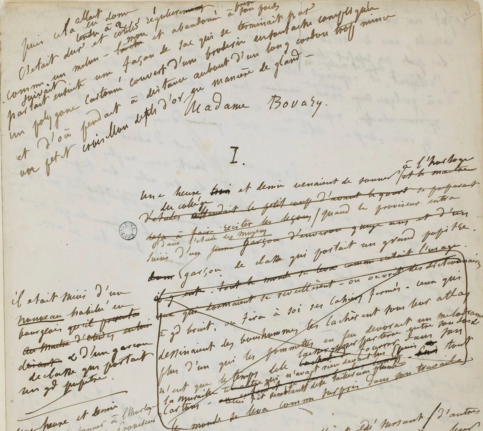 Handwritten page by Flaubert, with the title Madame Bovary and the numeral I, the novel's first lines crossed out, boxed and rewritten in the margin.