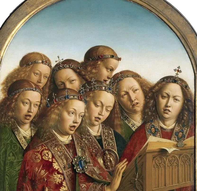 Eight angels in embroidered copes sing before a lectern, each with a different expression and a differently opened mouth.