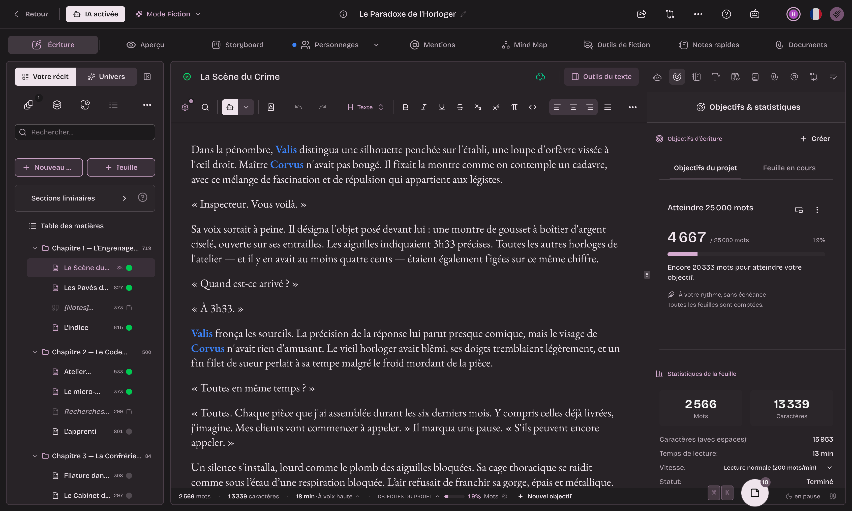 Extypis editor: a chapter being written in the center, character names highlighted in color, and the writing goals and statistics panel on the right.