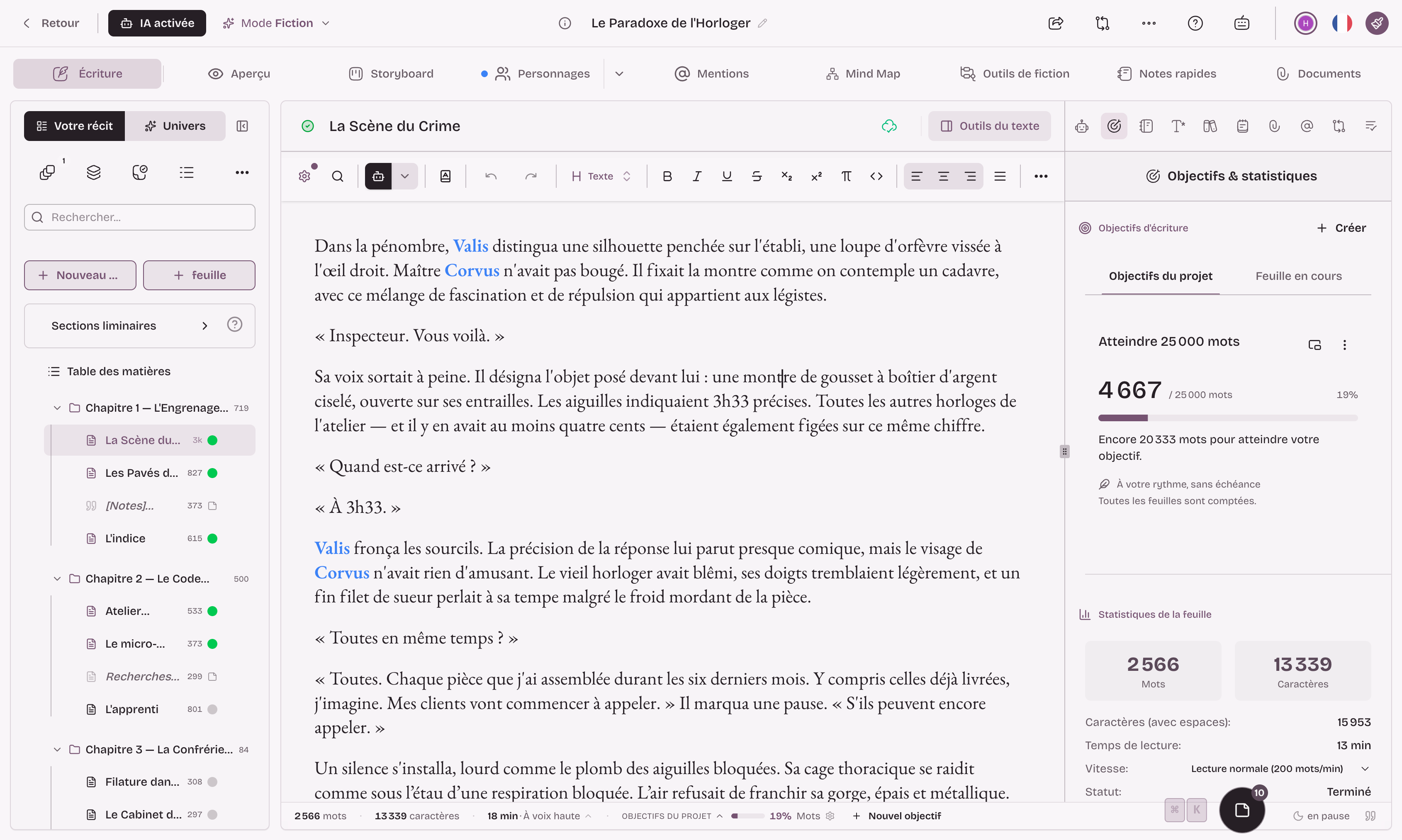 Extypis editor: a chapter being written in the center, character names highlighted in color, and the writing goals and statistics panel on the right.